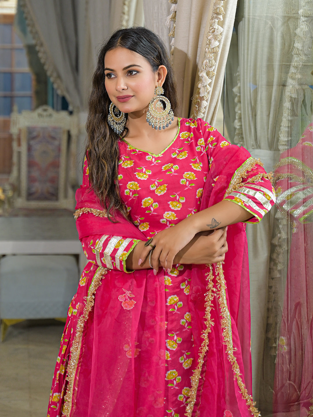 Noe Velarro Pink Cotton Kurti Lehenga Sets With Dupatta