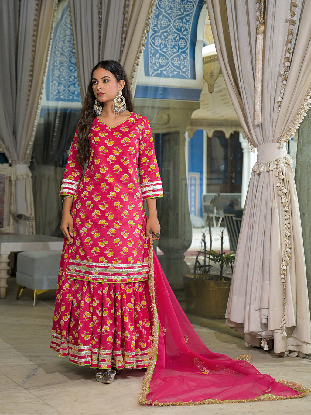Noe Velarro Pink Cotton Kurti Lehenga Sets With Dupatta