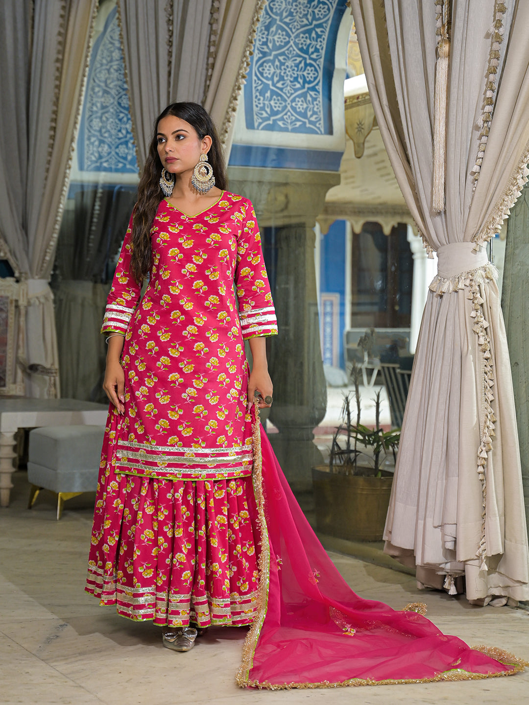 Noe Velarro Pink Cotton Kurti Lehenga Sets With Dupatta