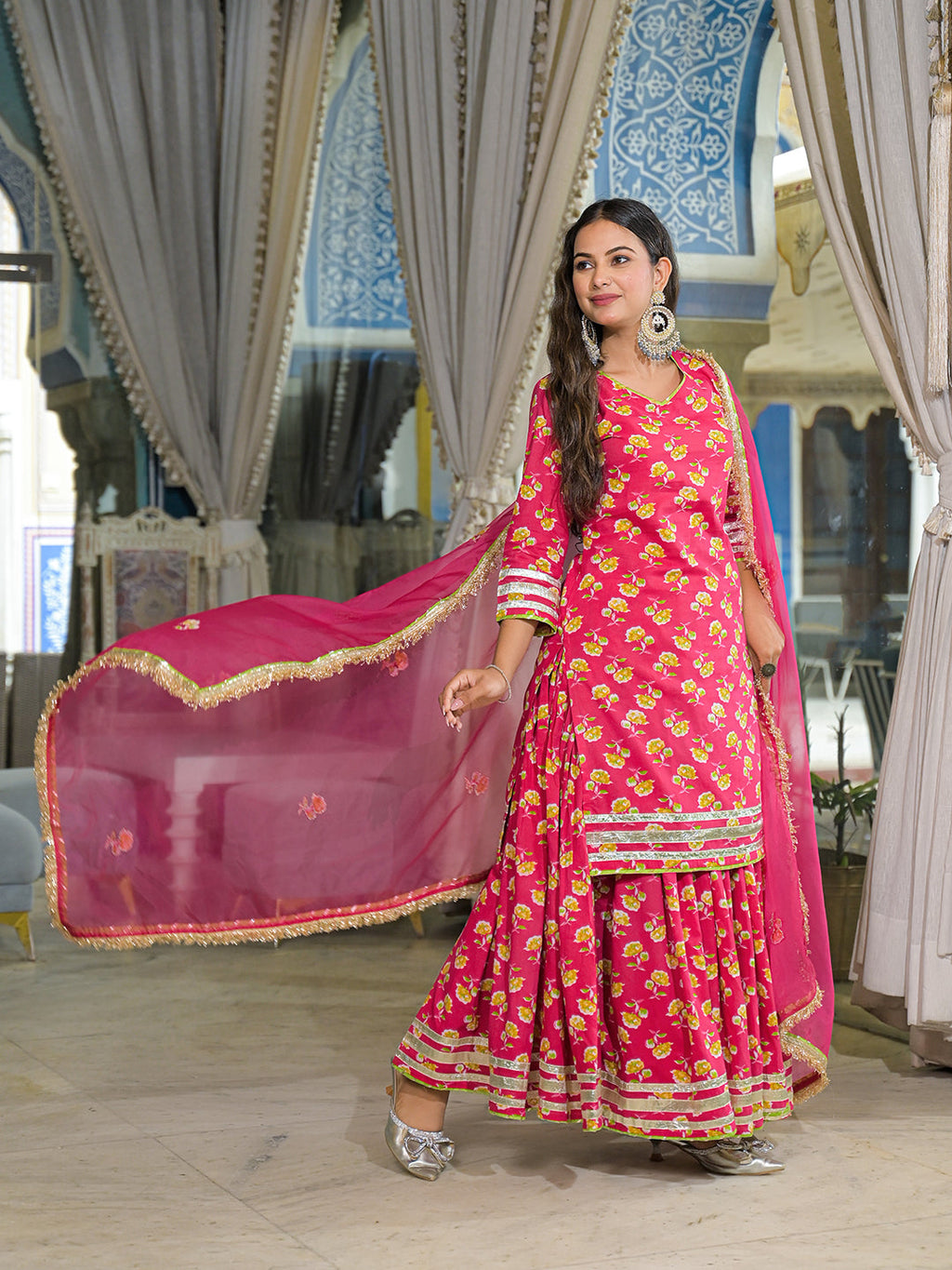Noe Velarro Pink Cotton Kurti Lehenga Sets With Dupatta