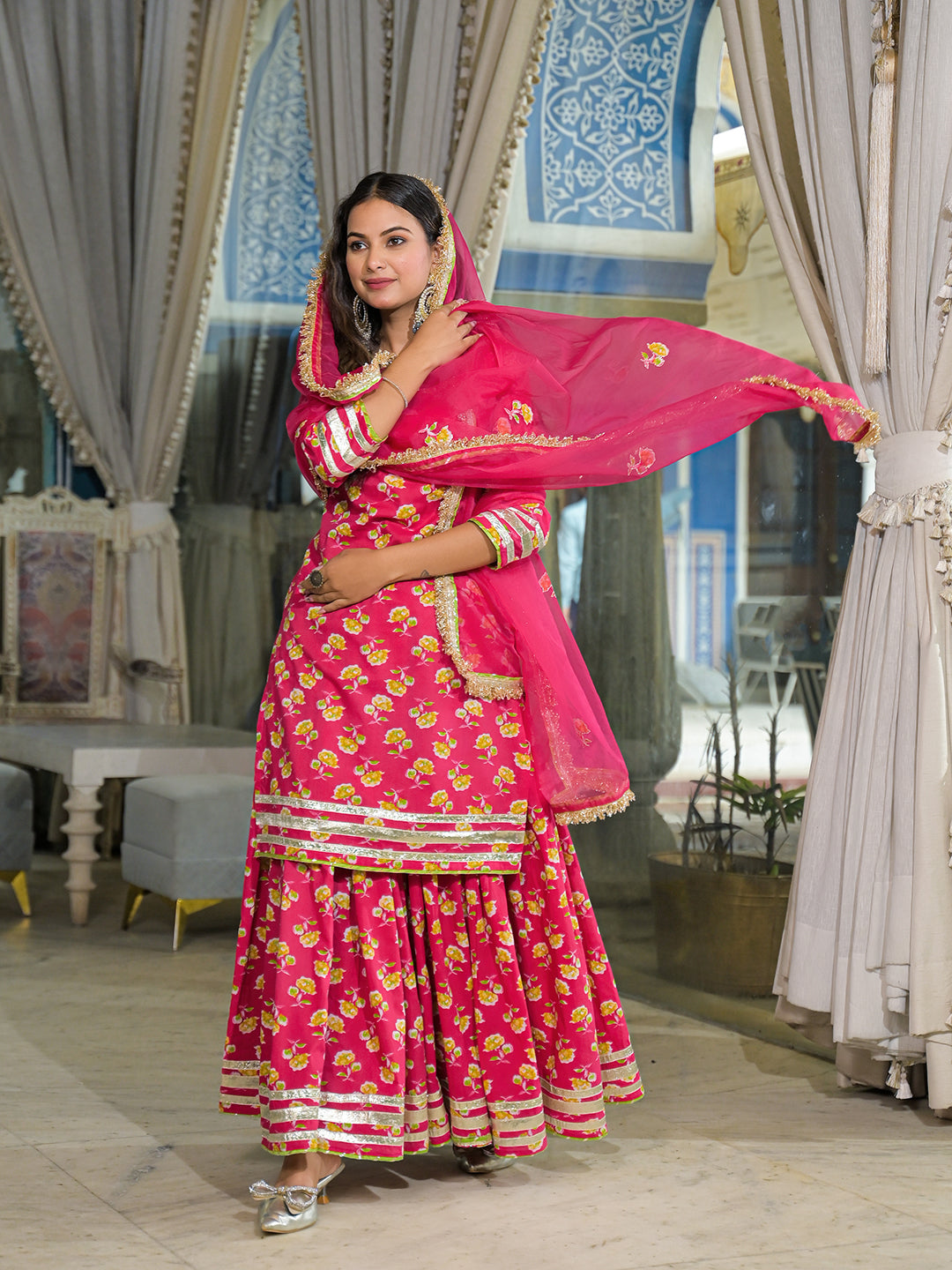 Noe Velarro Pink Cotton Kurti Lehenga Sets With Dupatta