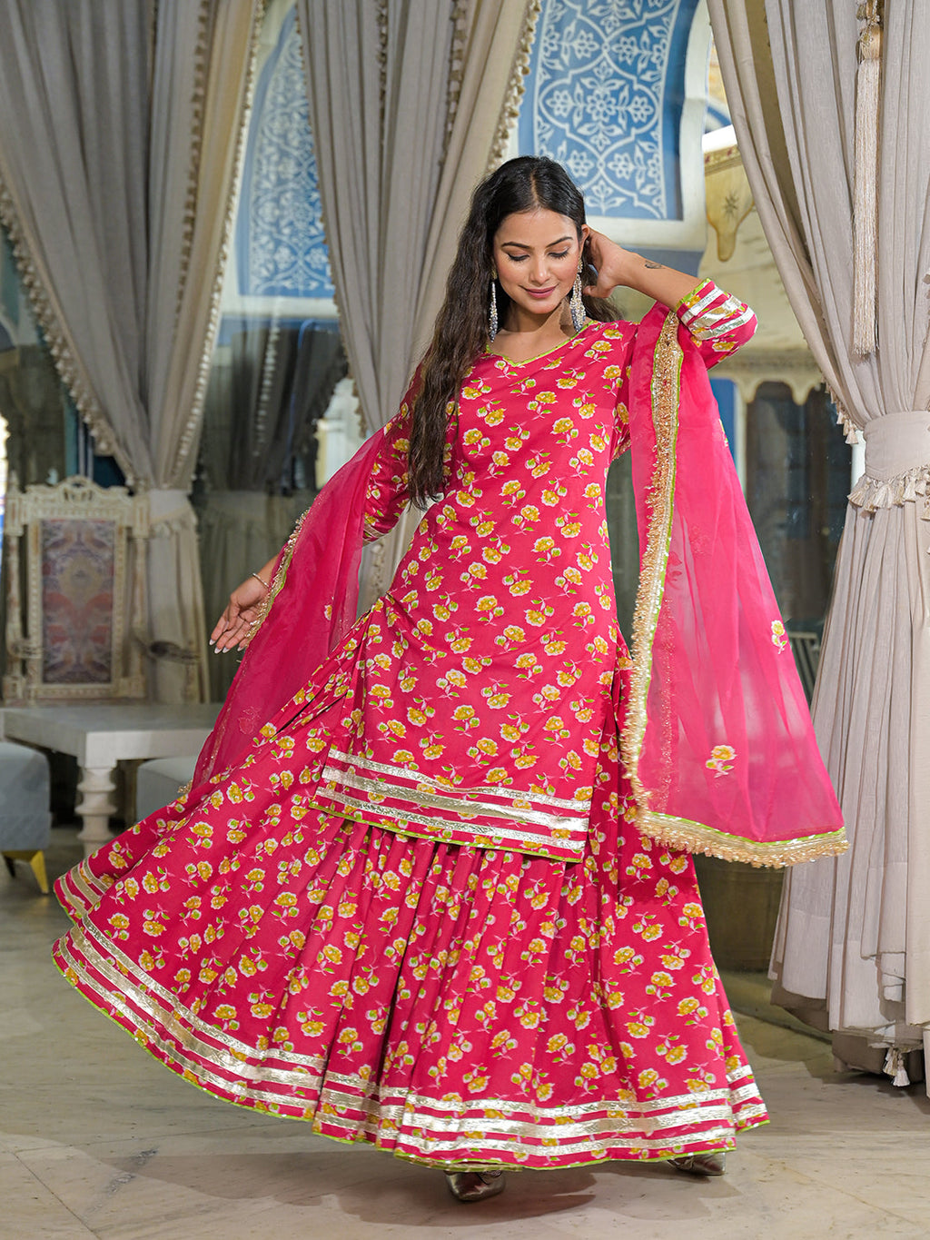 Noe Velarro Pink Cotton Kurti Lehenga Sets With Dupatta