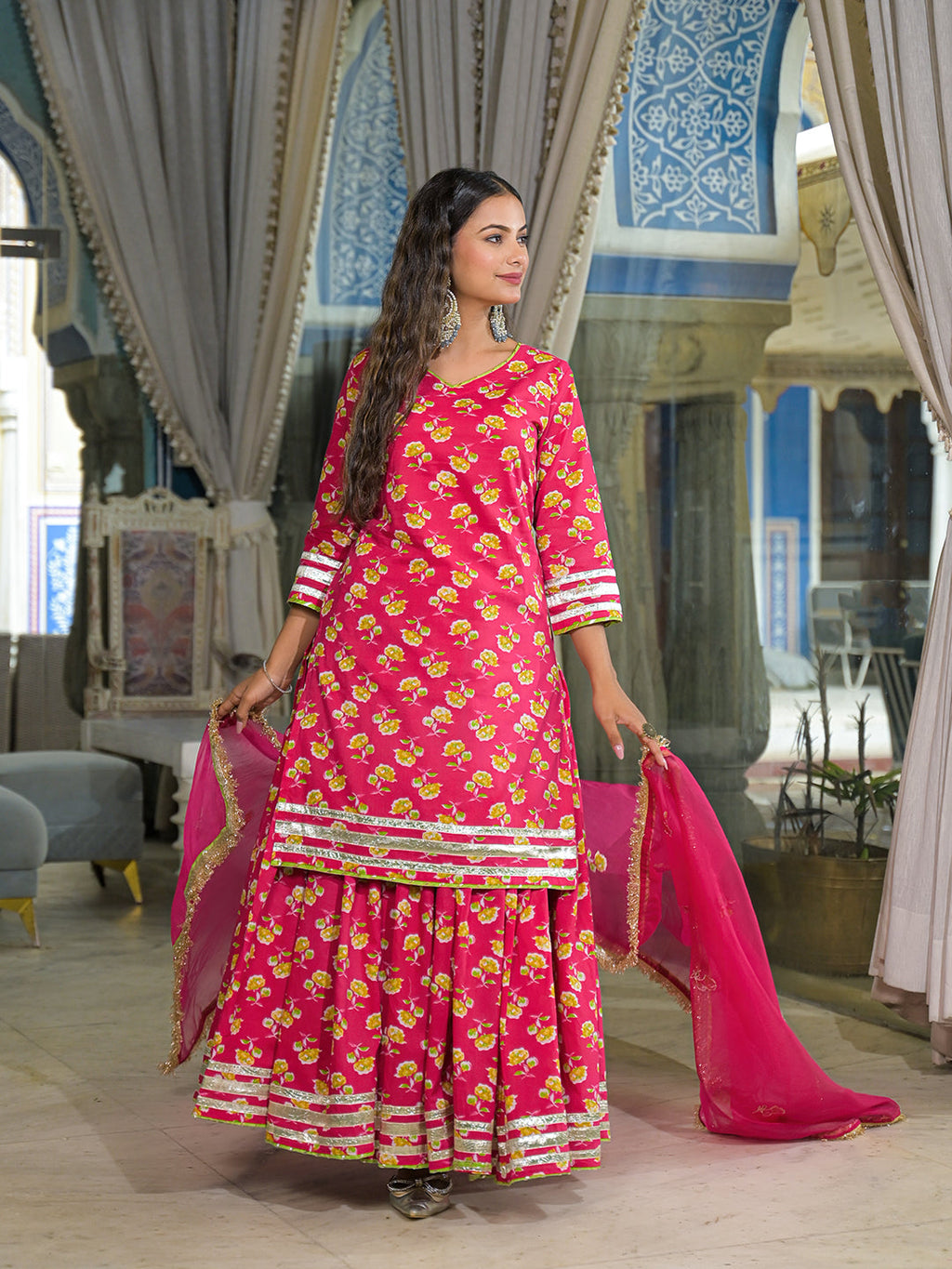Noe Velarro Pink Cotton Kurti Lehenga Sets With Dupatta
