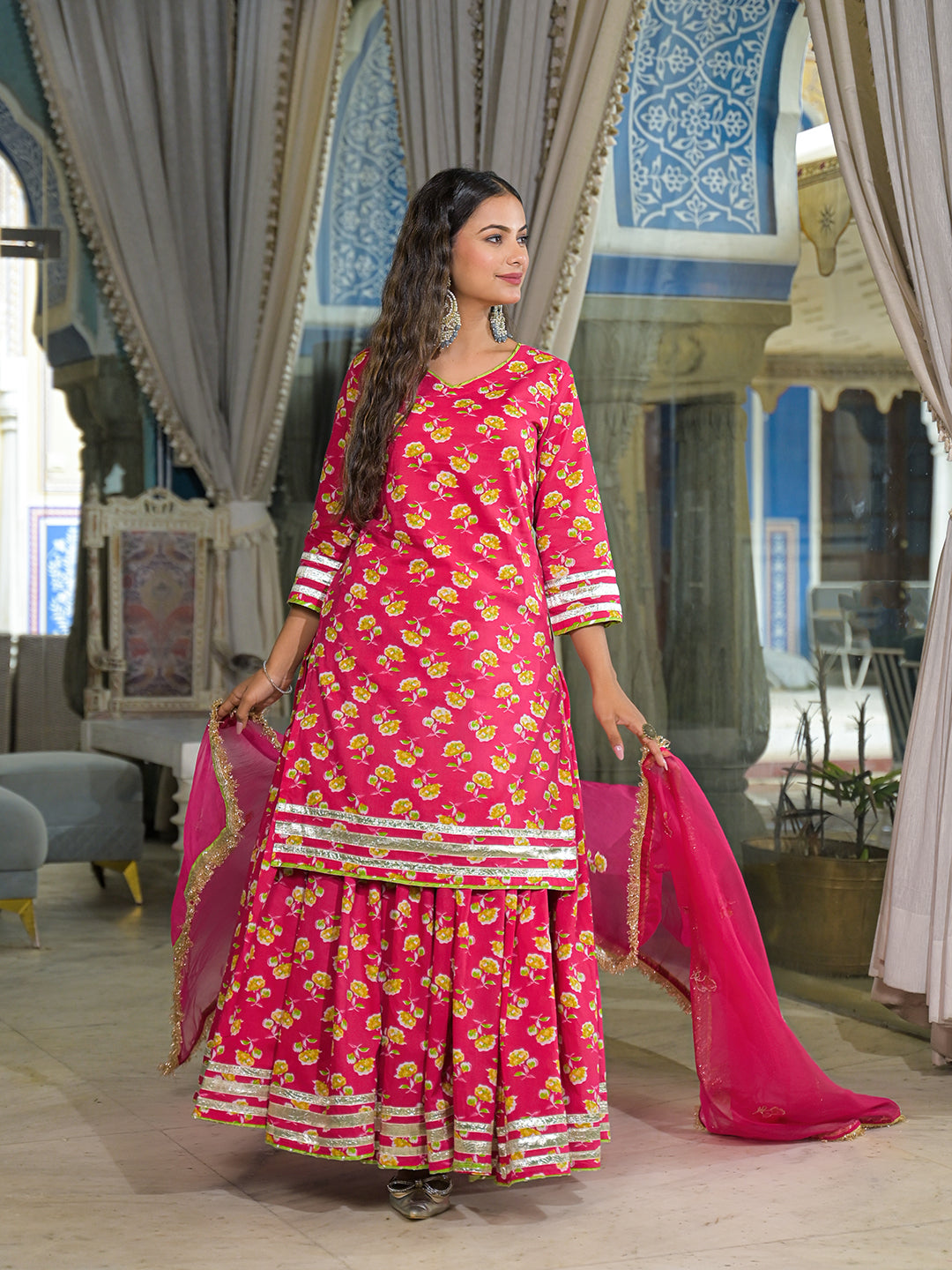Noe Velarro Pink Cotton Kurti Lehenga Sets With Dupatta