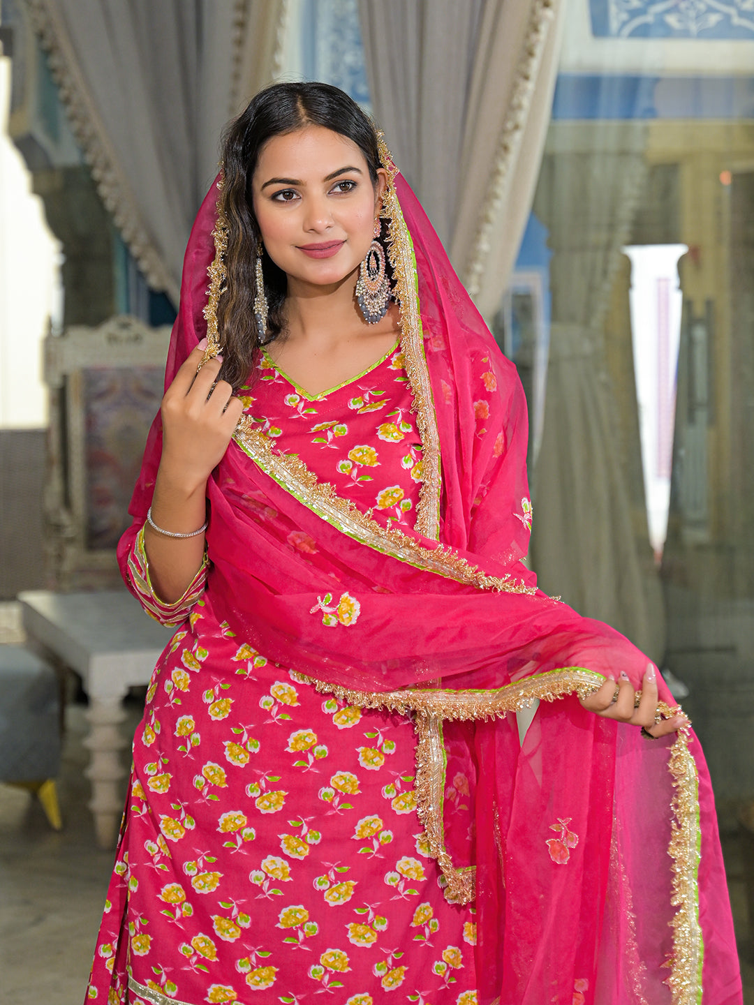 Noe Velarro Pink Cotton Kurti Lehenga Sets With Dupatta