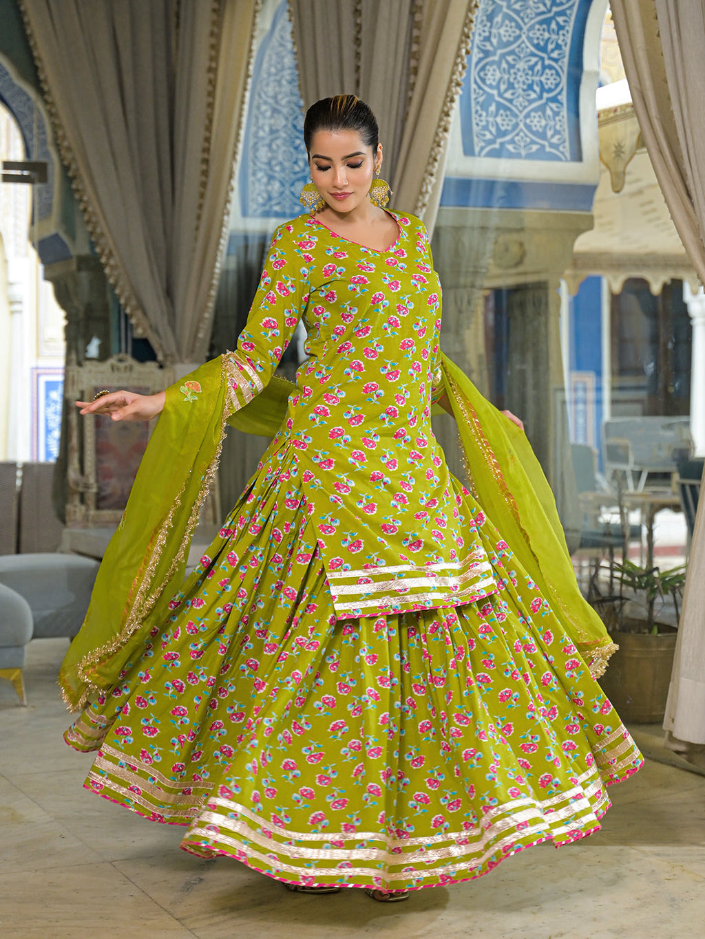 Noe Velarro Green Cotton Kurti Lehenga Sets With Dupatta