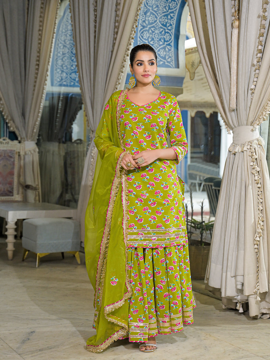Noe Velarro Green Cotton Kurti Lehenga Sets With Dupatta
