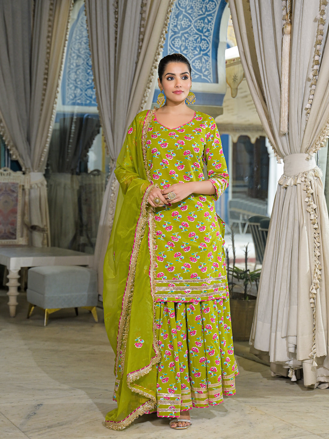 Noe Velarro Green Cotton Kurti Lehenga Sets With Dupatta