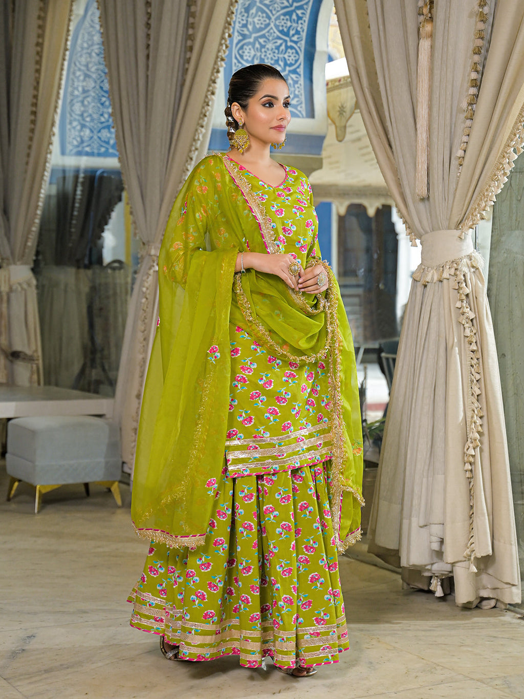 Noe Velarro Green Cotton Kurti Lehenga Sets With Dupatta