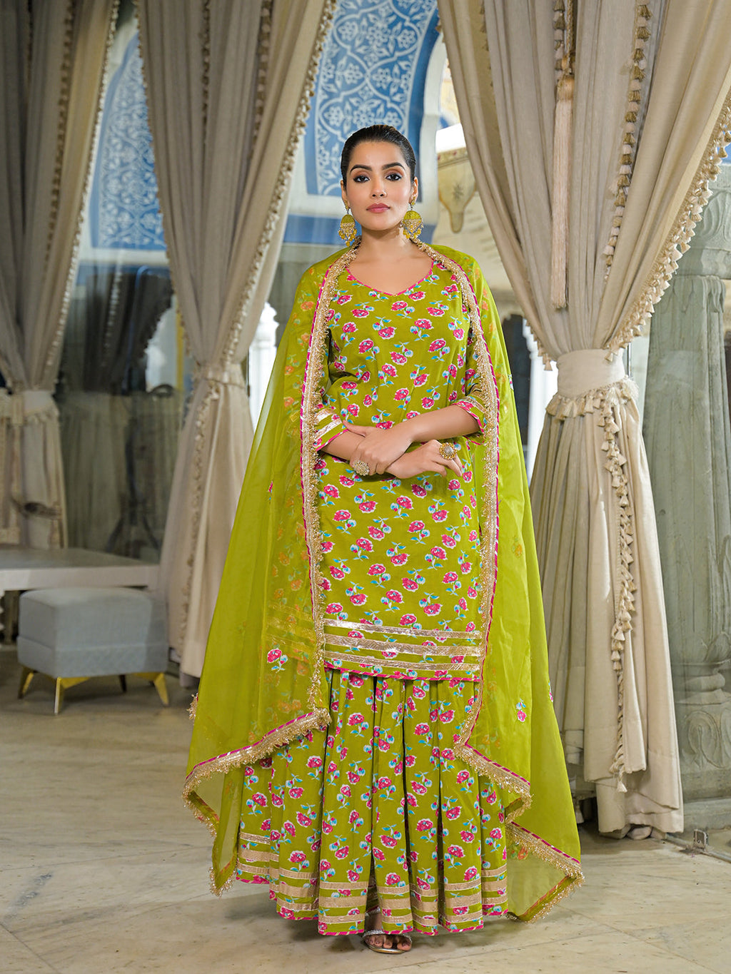 Noe Velarro Green Cotton Kurti Lehenga Sets With Dupatta