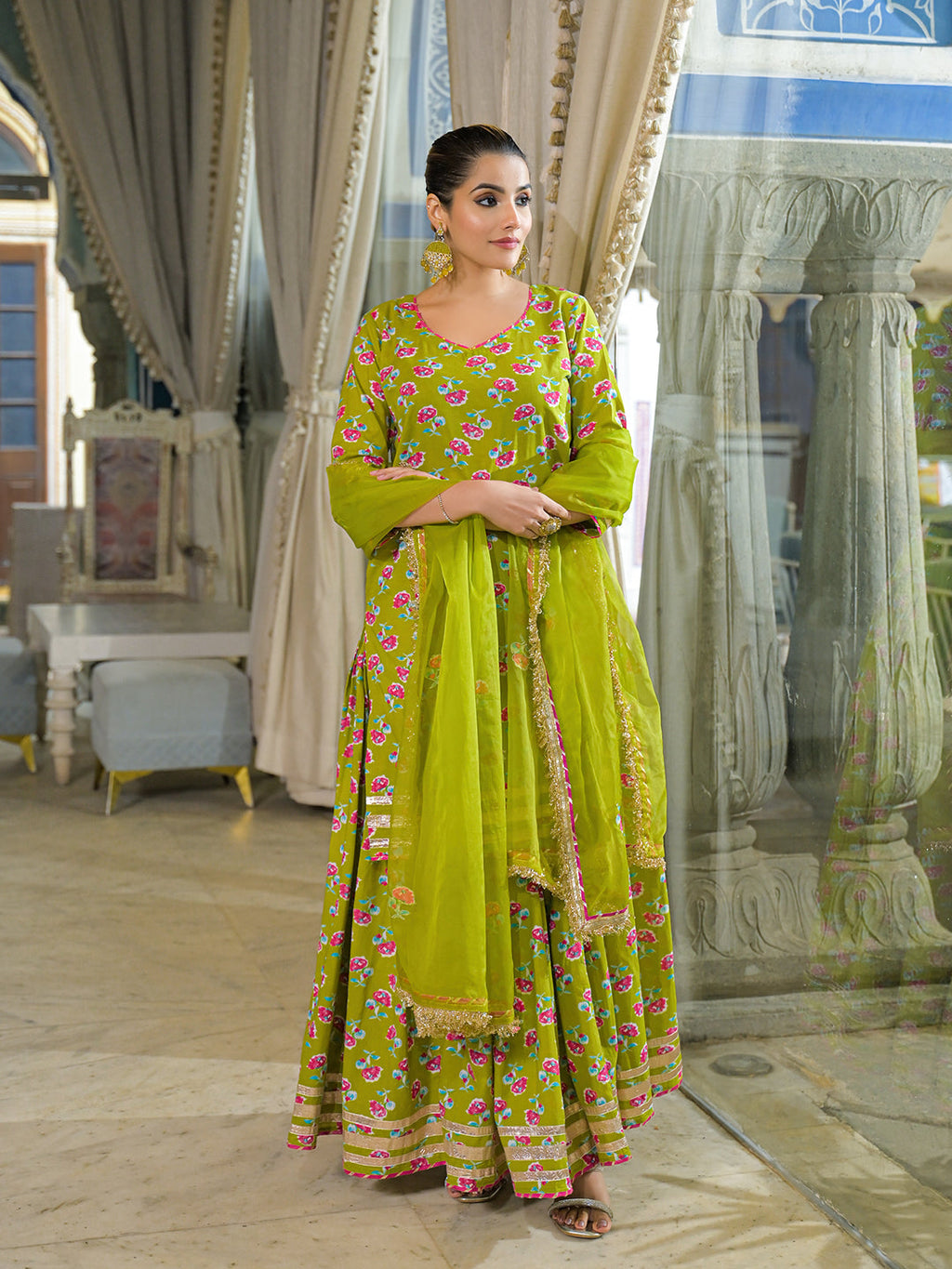 Noe Velarro Green Cotton Kurti Lehenga Sets With Dupatta