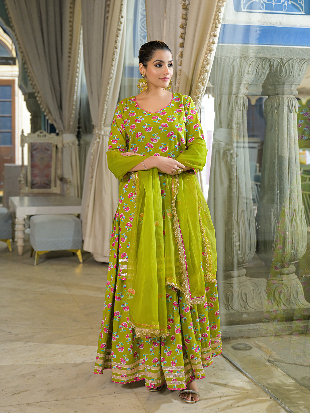 Noe Velarro Green Cotton Kurti Lehenga Sets With Dupatta