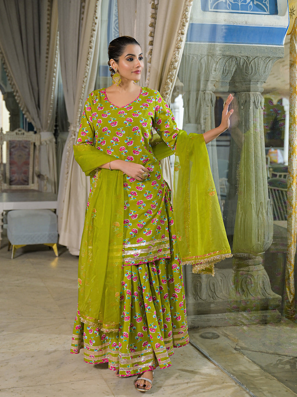 Noe Velarro Green Cotton Kurti Lehenga Sets With Dupatta