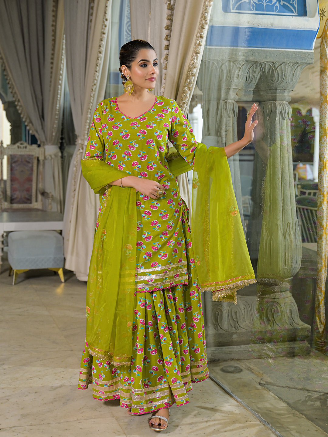 Noe Velarro Green Cotton Kurti Lehenga Sets With Dupatta
