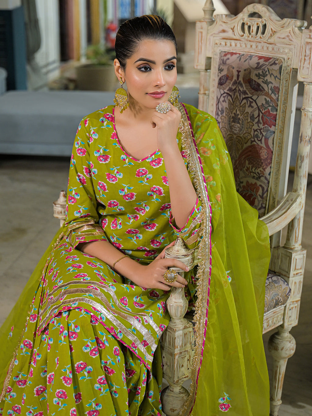 Noe Velarro Green Cotton Kurti Lehenga Sets With Dupatta
