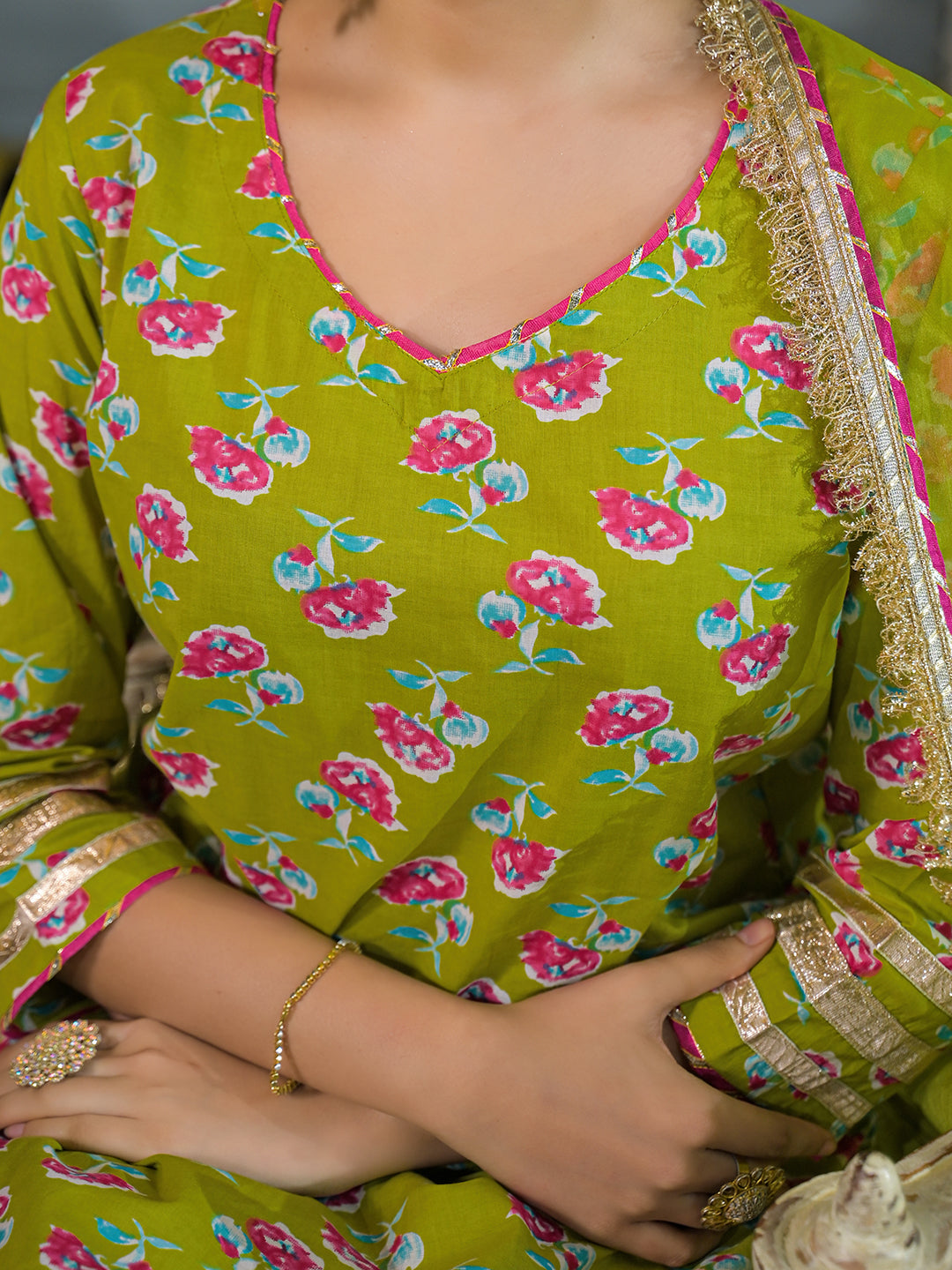 Noe Velarro Green Cotton Kurti Lehenga Sets With Dupatta