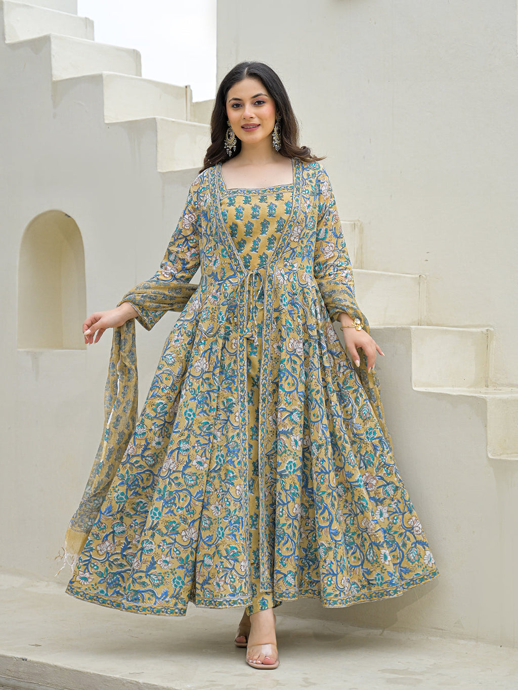 Noe Velarro Beige Cotton Hand Block Anarkali Kurta Pant Sets Dupatta with Jecket