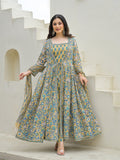 Noe Velarro Beige Cotton Hand Block Anarkali Kurta Pant Sets Dupatta with Jecket