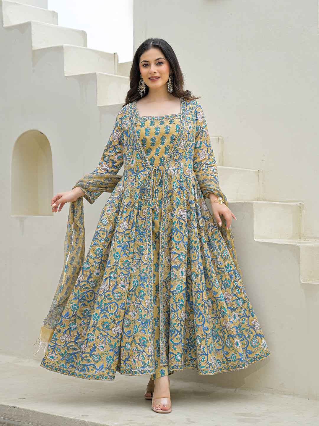 Noe Velarro Beige Cotton Hand Block Anarkali Kurta Pant Sets Dupatta with Jecket