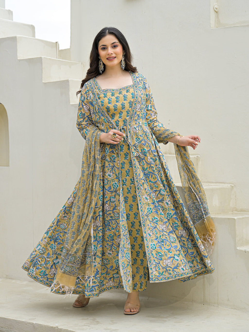 Noe Velarro Beige Cotton Hand Block Anarkali Kurta Pant Sets Dupatta with Jecket