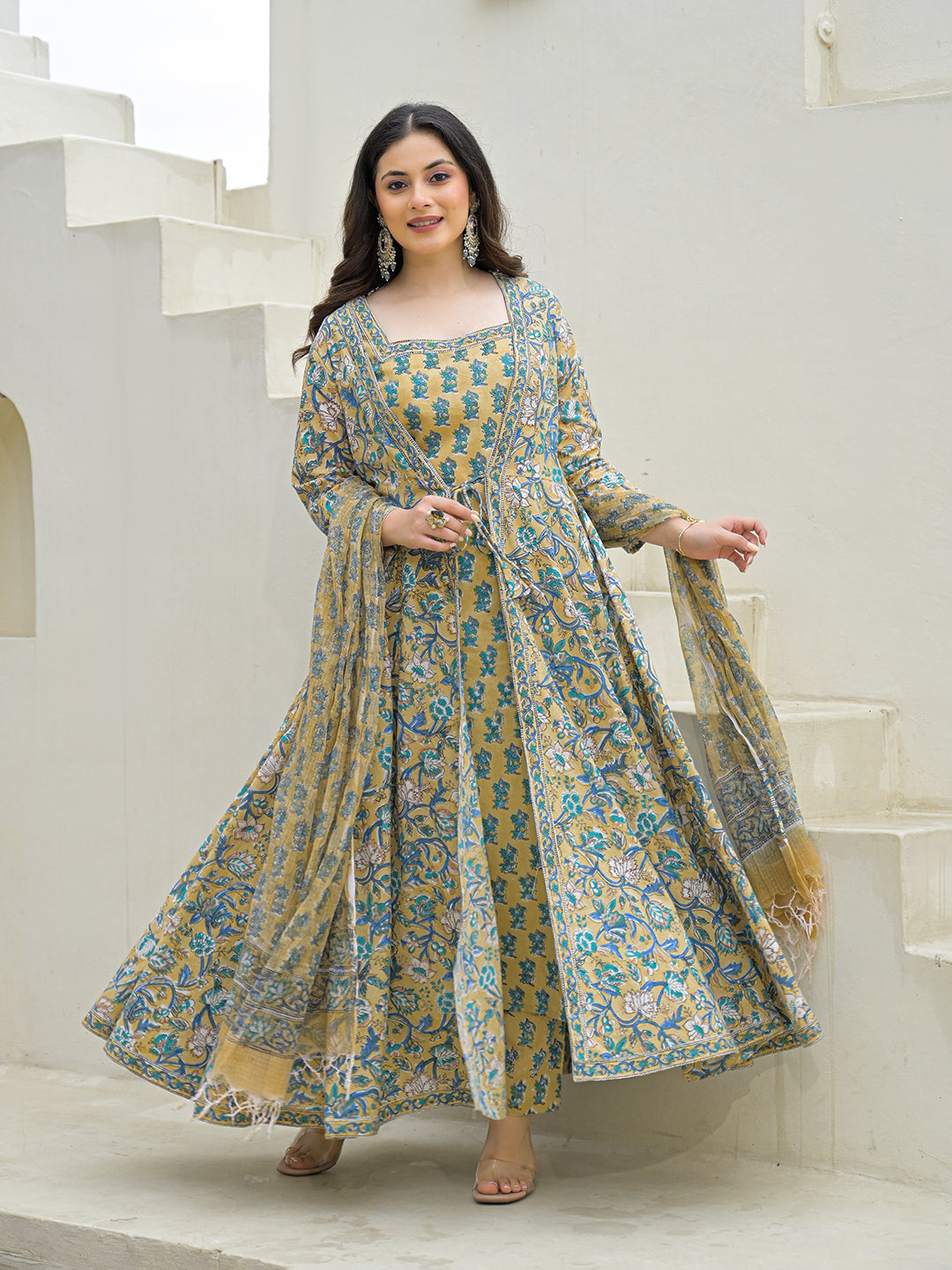 Noe Velarro Beige Cotton Hand Block Anarkali Kurta Pant Sets Dupatta with Jecket