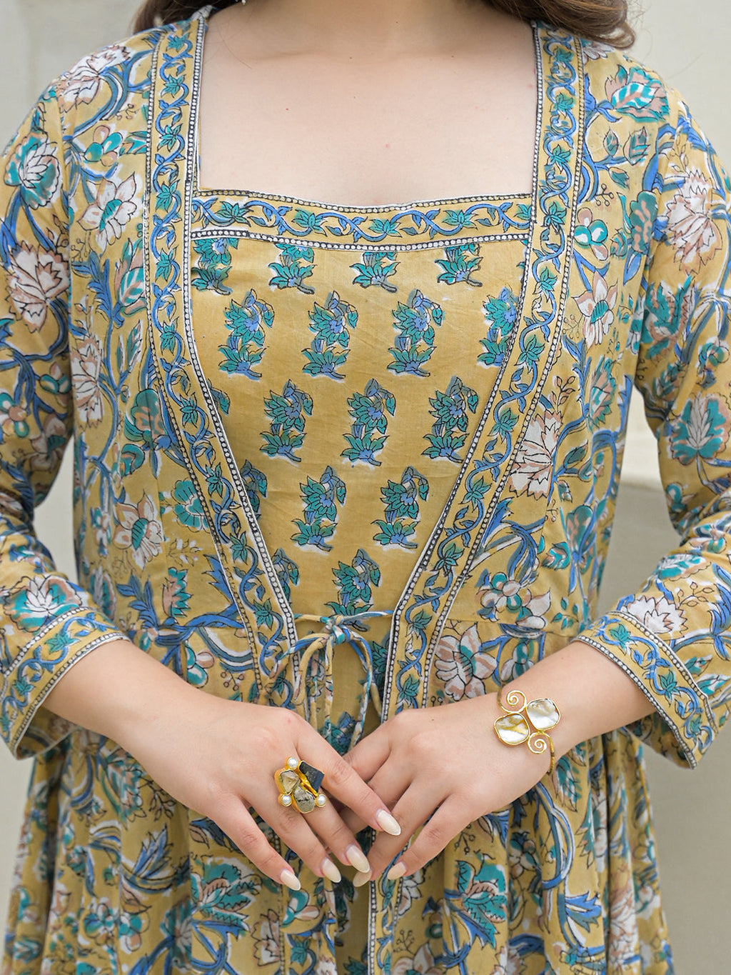 Noe Velarro Beige Cotton Hand Block Anarkali Kurta Pant Sets Dupatta with Jecket