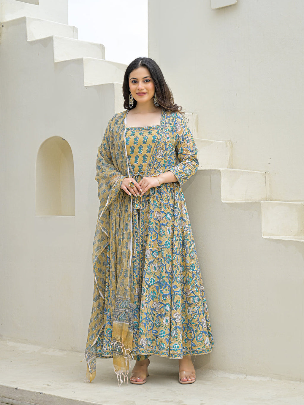 Noe Velarro Beige Cotton Hand Block Anarkali Kurta Pant Sets Dupatta with Jecket