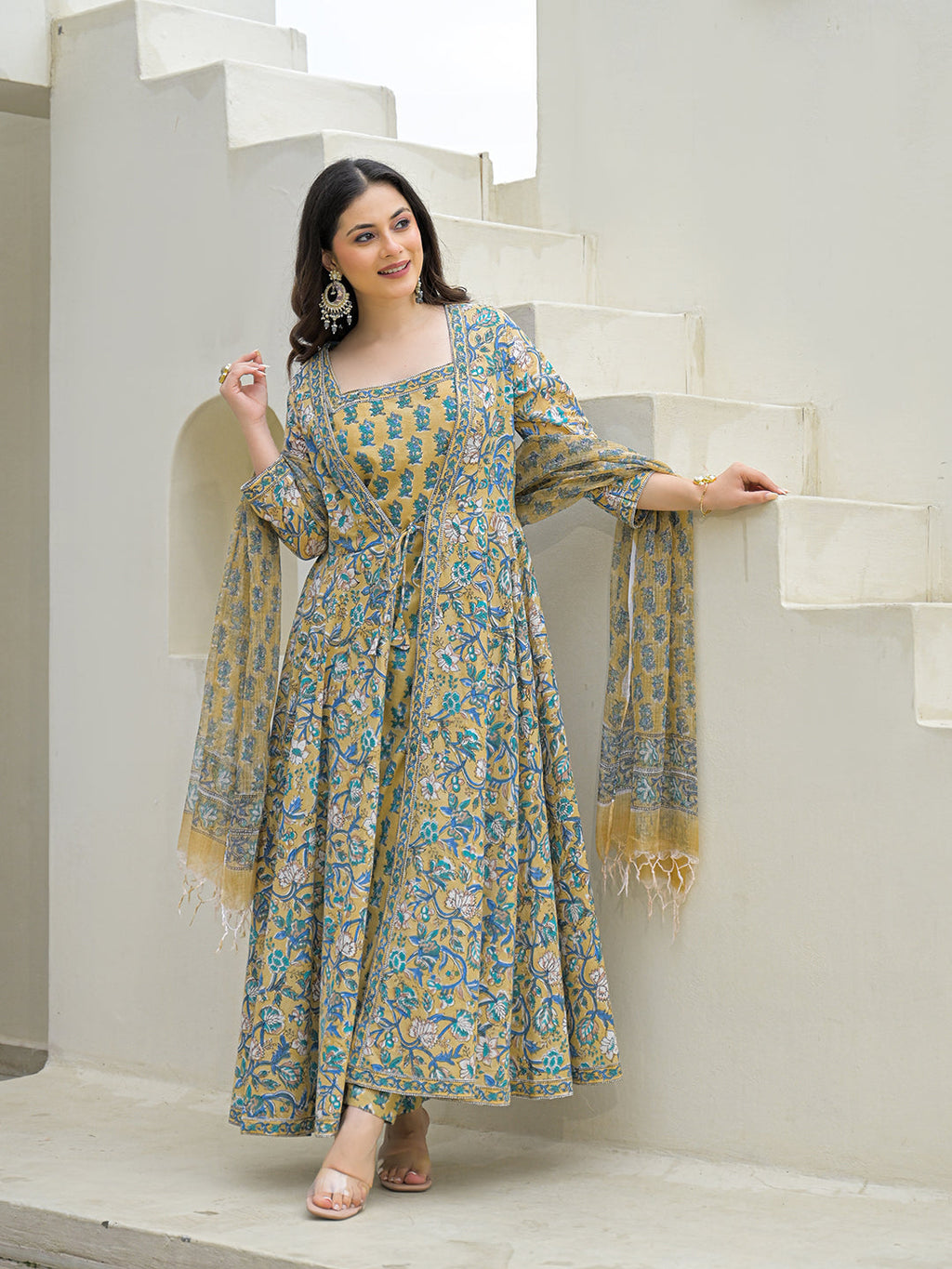 Noe Velarro Beige Cotton Hand Block Anarkali Kurta Pant Sets Dupatta with Jecket