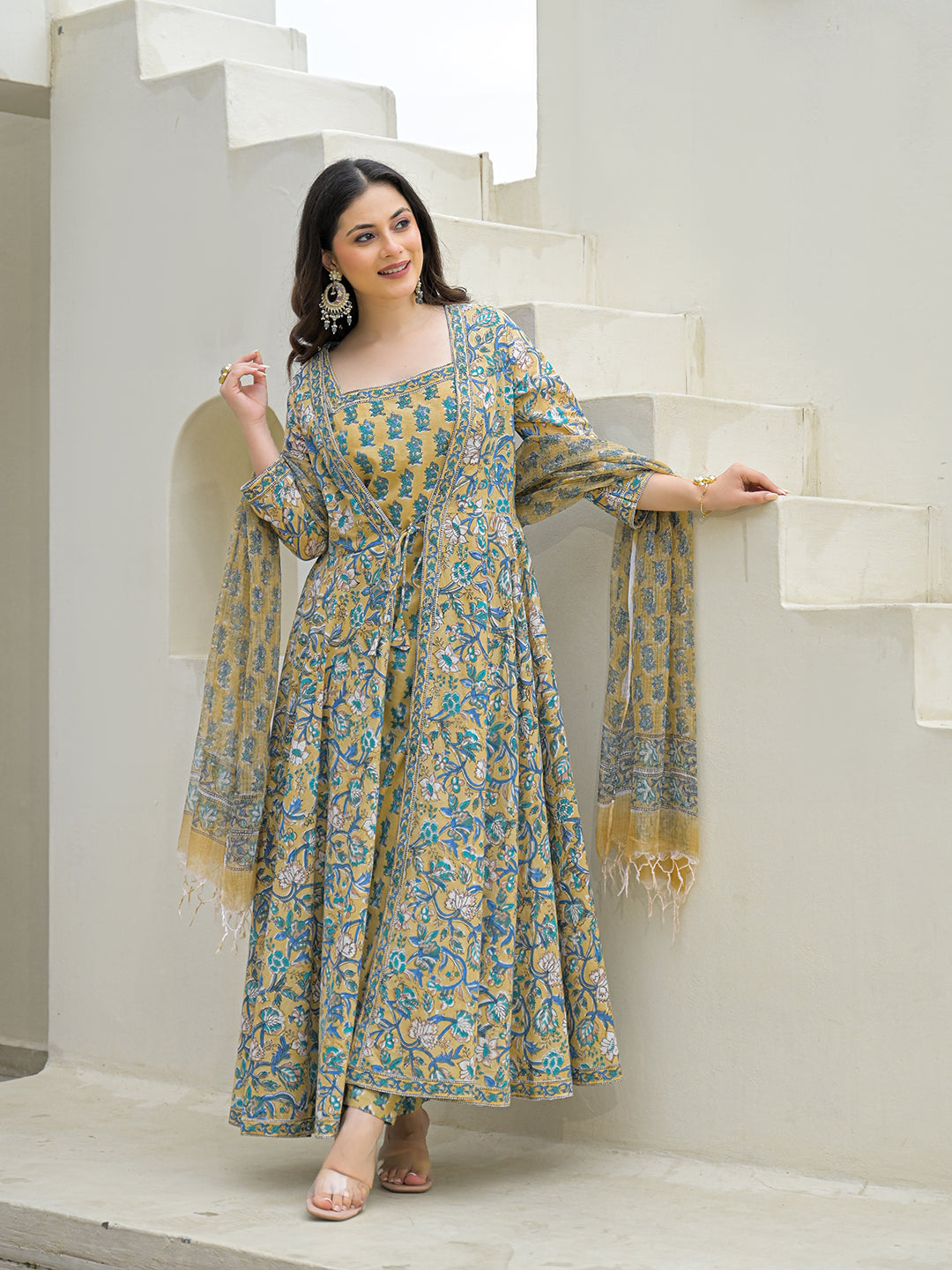 Noe Velarro Beige Cotton Hand Block Anarkali Kurta Pant Sets Dupatta with Jecket