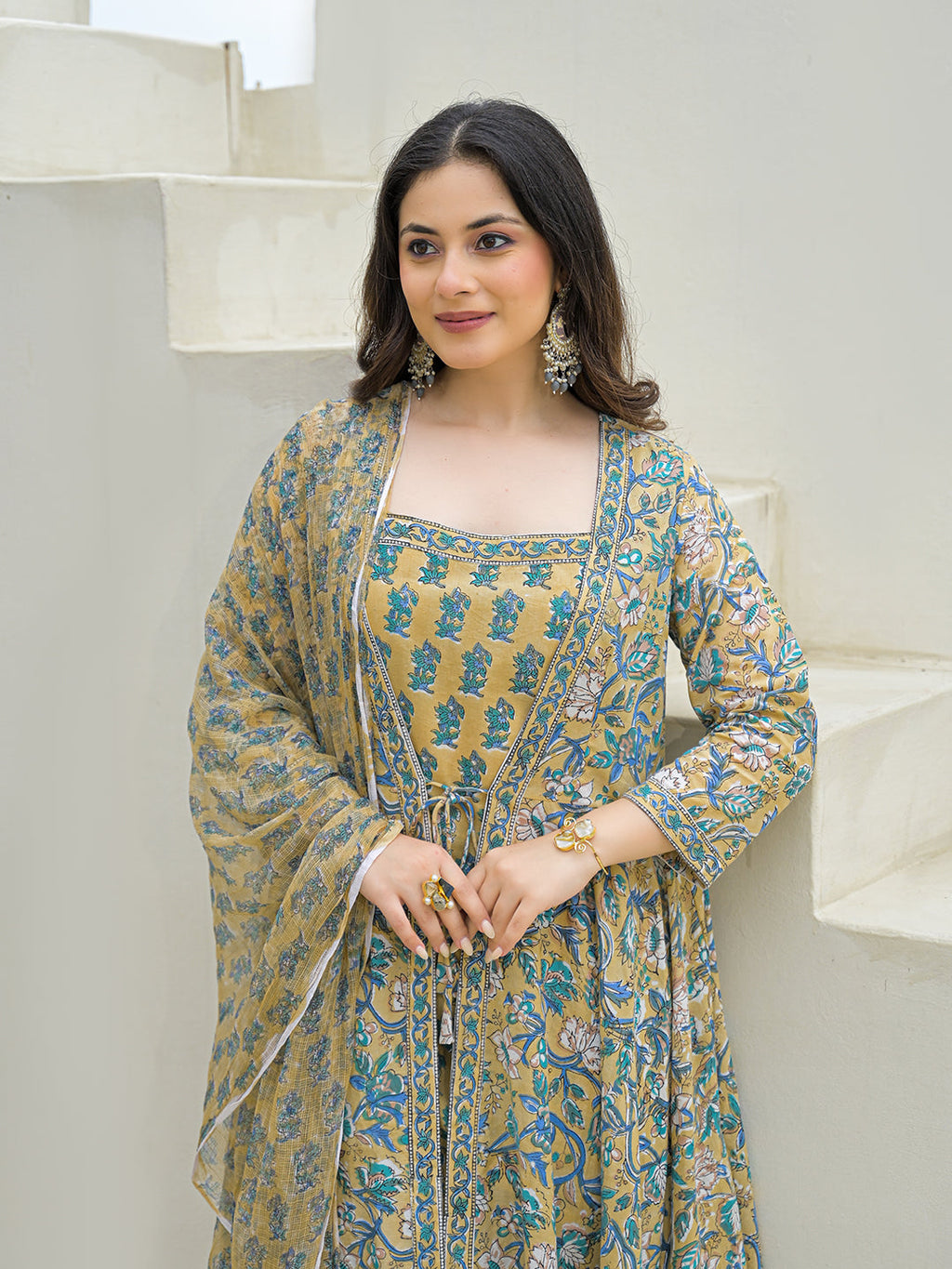 Noe Velarro Beige Cotton Hand Block Anarkali Kurta Pant Sets Dupatta with Jecket