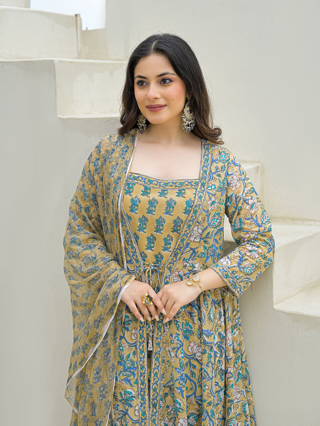 Noe Velarro Beige Cotton Hand Block Anarkali Kurta Pant Sets Dupatta with Jecket