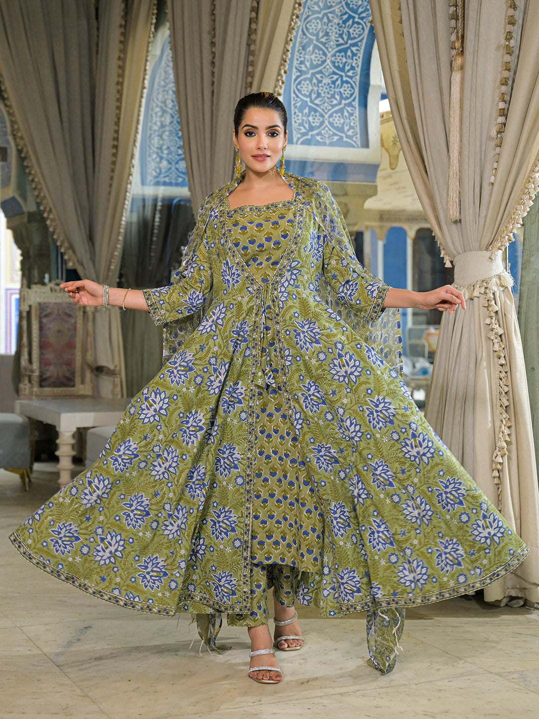 Noe Velarro Green Hand Block Cotton Anarkali Kurta Pant With Dupatta & Jecket