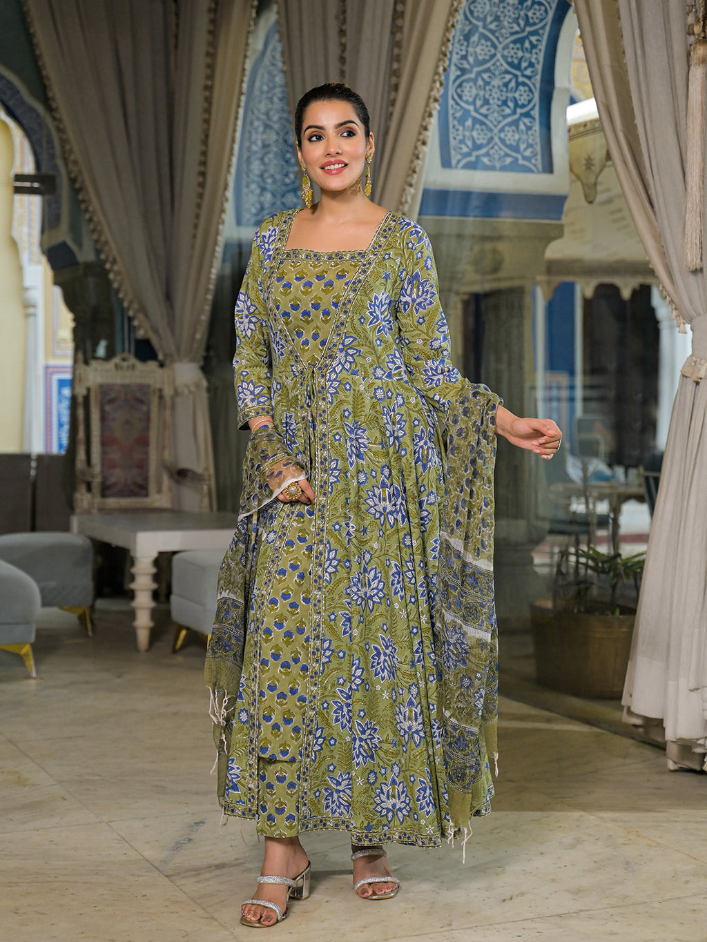 Noe Velarro Green Hand Block Cotton Anarkali Kurta Pant With Dupatta & Jecket