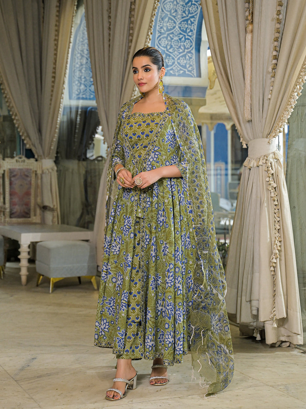 Noe Velarro Green Hand Block Cotton Anarkali Kurta Pant With Dupatta & Jecket
