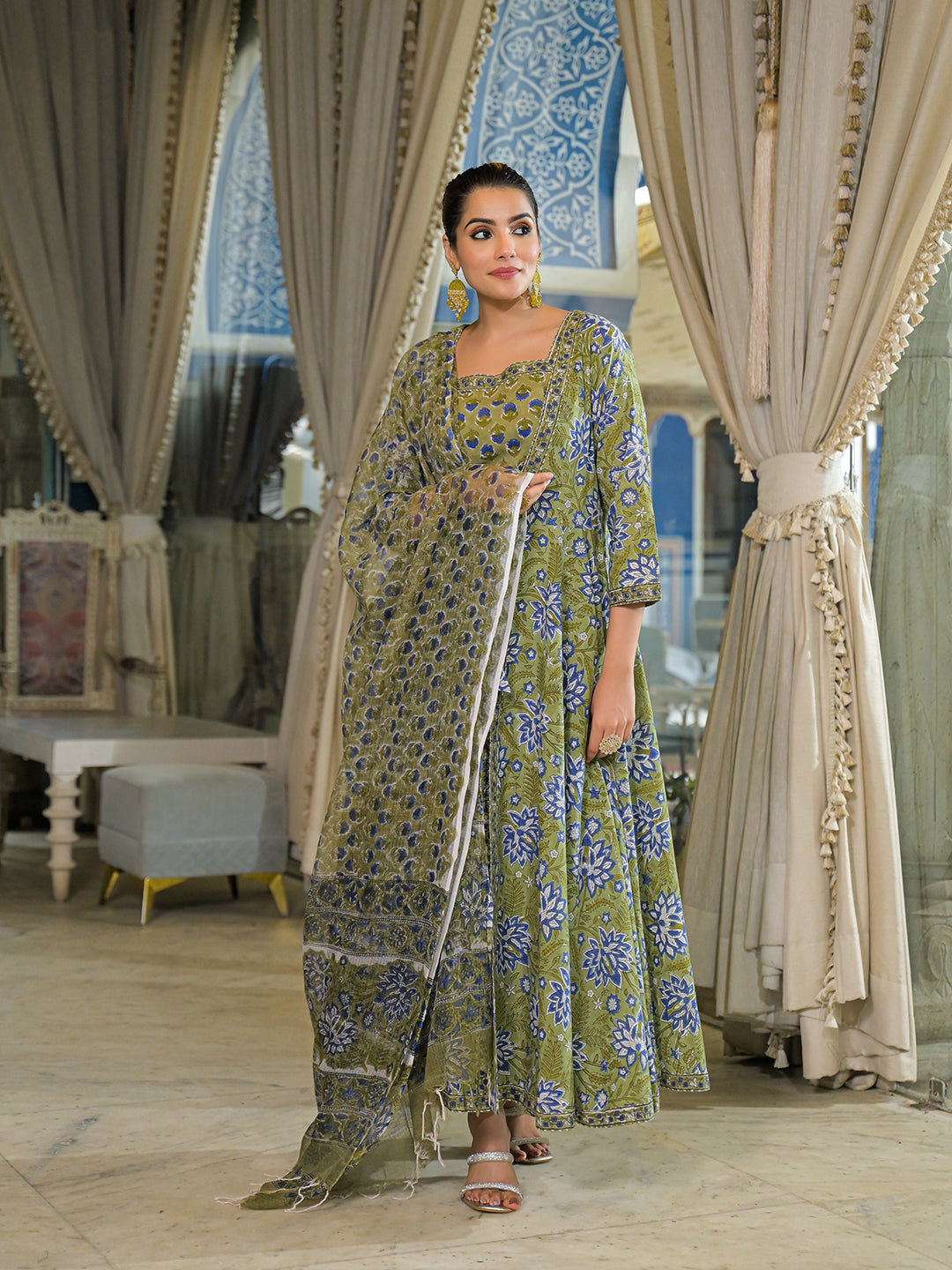 Noe Velarro Green Hand Block Cotton Anarkali Kurta Pant With Dupatta & Jecket