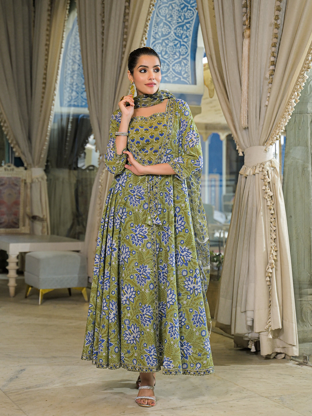 Noe Velarro Green Hand Block Cotton Anarkali Kurta Pant With Dupatta & Jecket