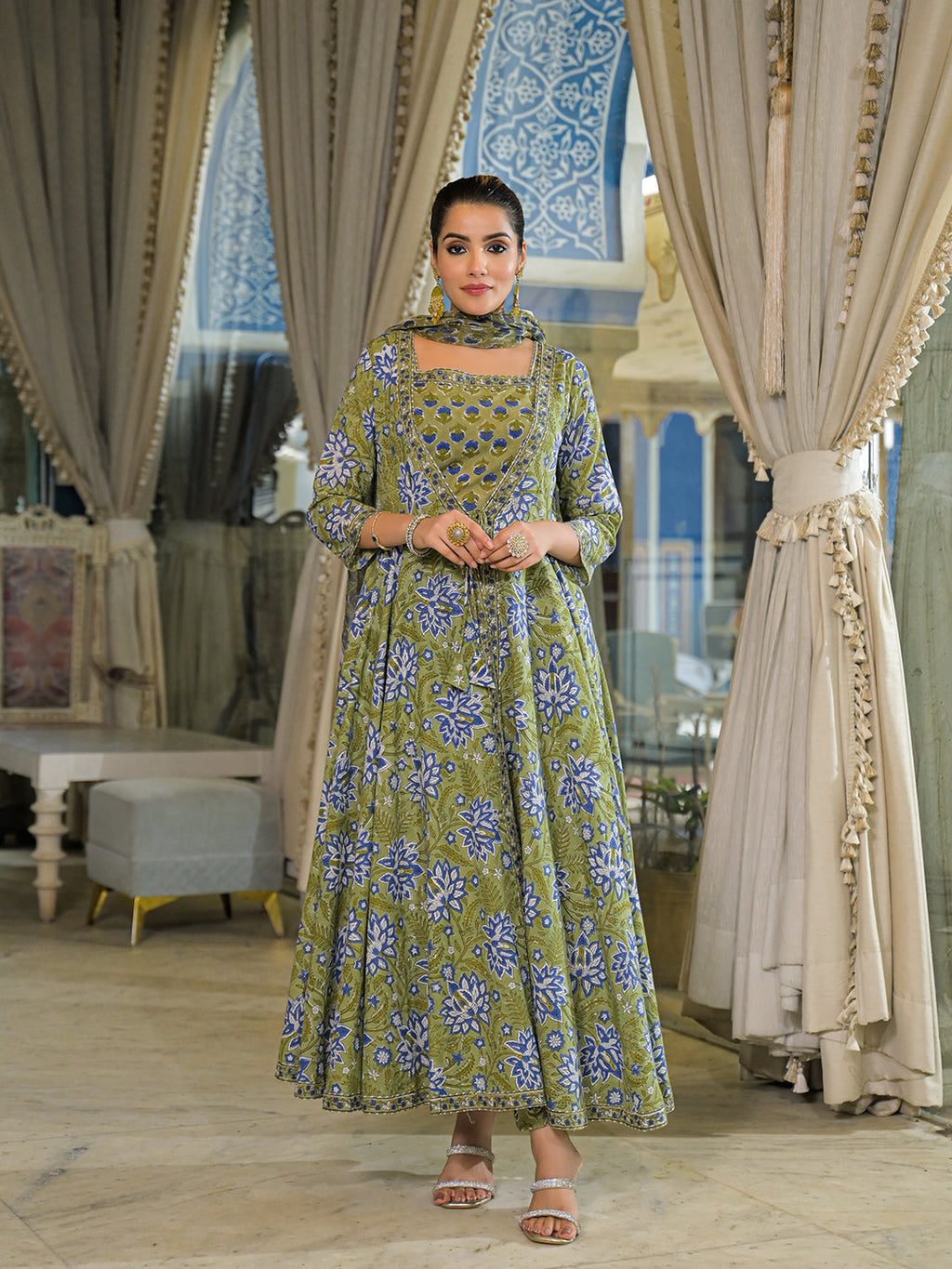 Noe Velarro Green Hand Block Cotton Anarkali Kurta Pant With Dupatta & Jecket
