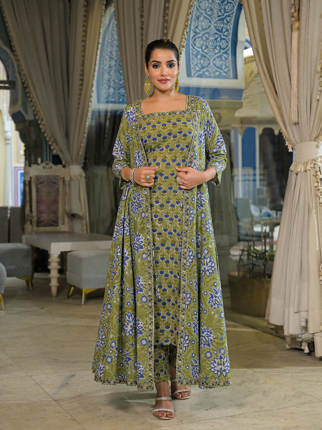 Noe Velarro Green Hand Block Cotton Anarkali Kurta Pant With Dupatta & Jecket