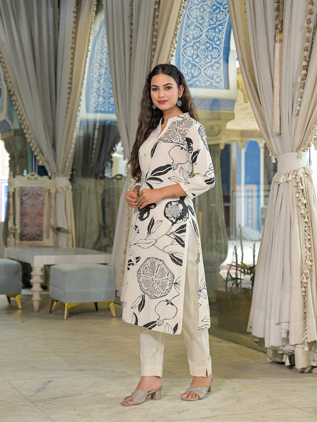 Noe Velarro Off White Floral Print Cotton Straight Kurta Pant Sets