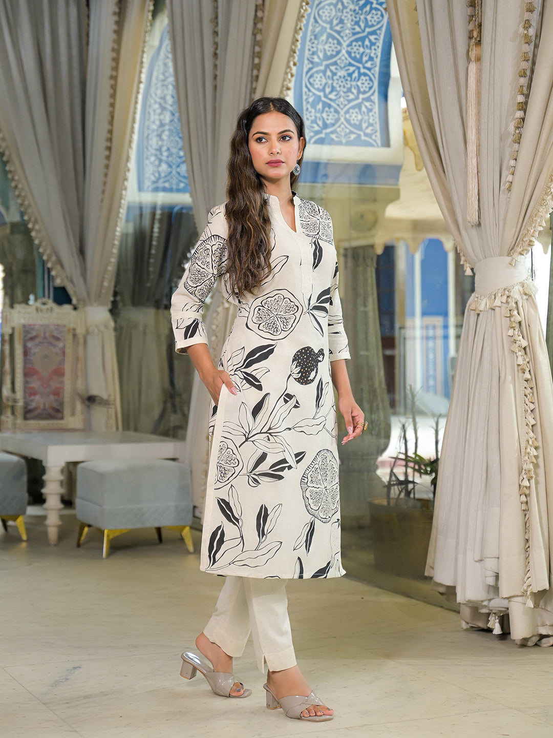 Noe Velarro Off White Floral Print Cotton Straight Kurta Pant Sets