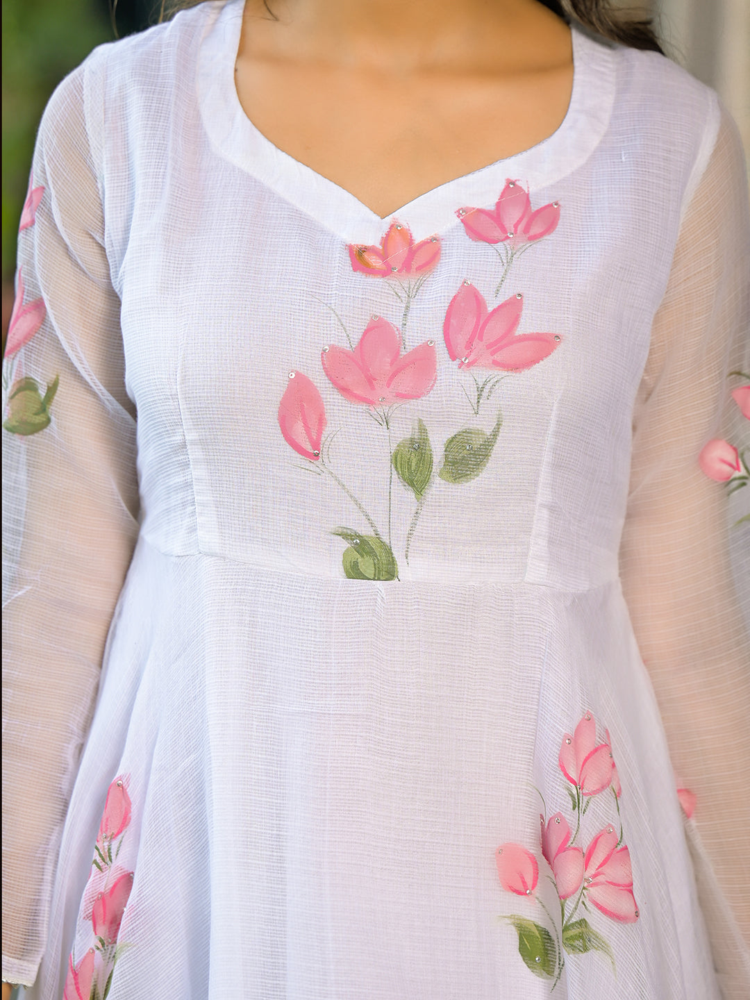 Noe Velarro White Hand Painted Kota Doria Anarkali Kurta Sets With Dupatta