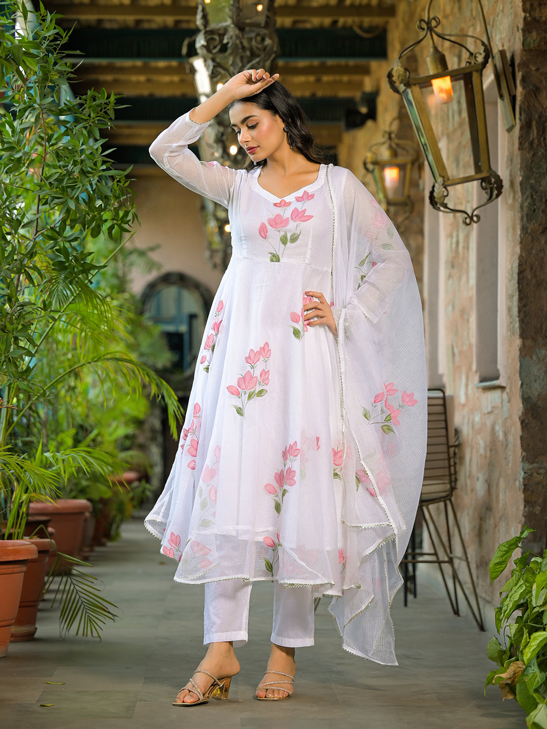 Noe Velarro White Hand Painted Kota Doria Anarkali Kurta Sets With Dupatta