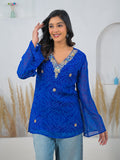 Noe Velarro Blue Bandhani Gotta Patti Work Geogratte V-Neck Top