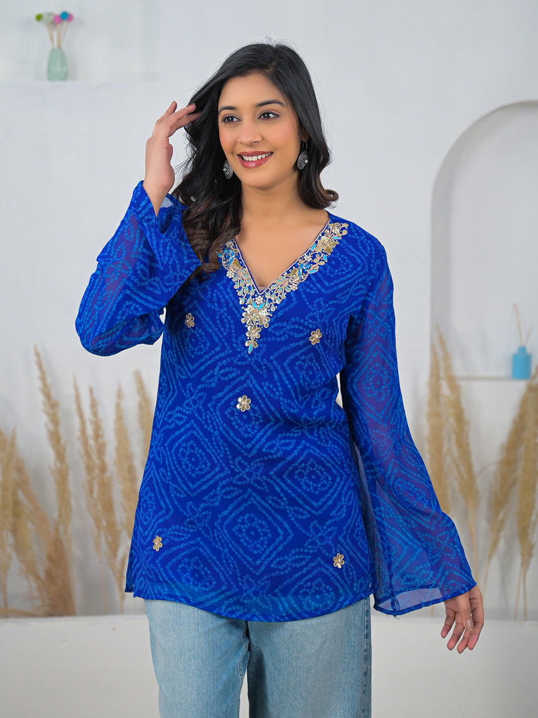Noe Velarro Blue Bandhani Gotta Patti Work Geogratte V-Neck Top