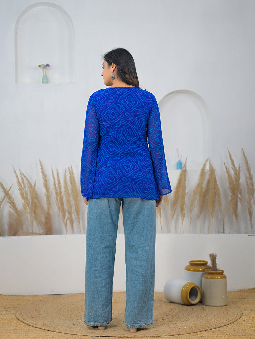 Noe Velarro Blue Bandhani Gotta Patti Work Geogratte V-Neck Top