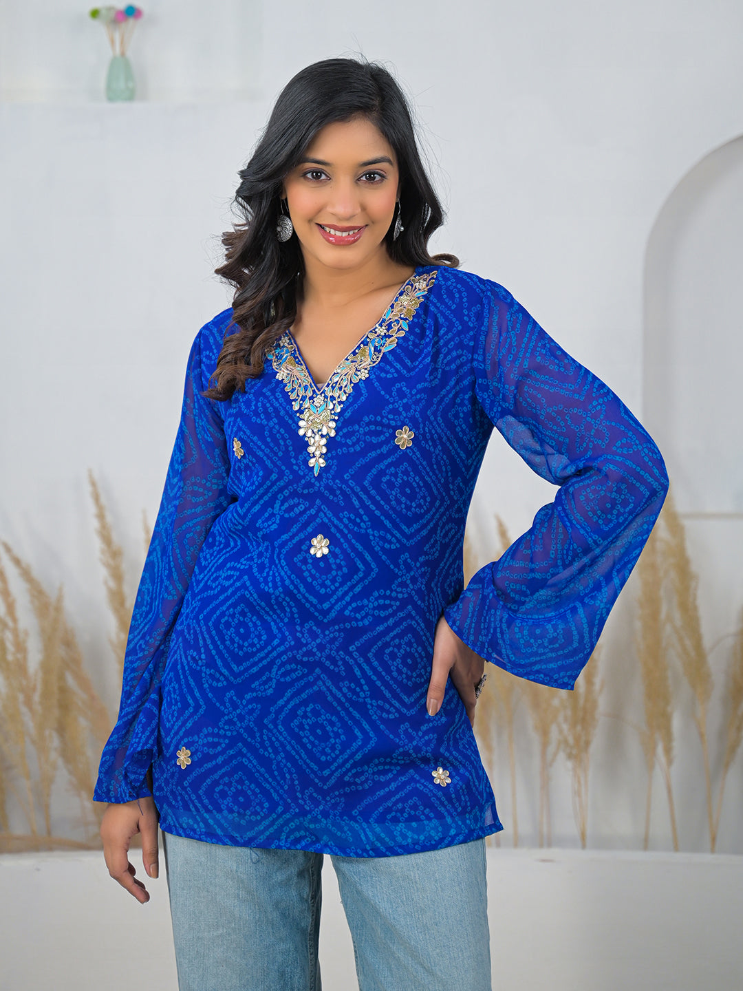 Noe Velarro Blue Bandhani Gotta Patti Work Geogratte V-Neck Top