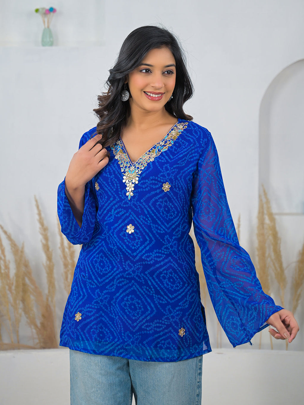 Noe Velarro Blue Bandhani Gotta Patti Work Geogratte V-Neck Top