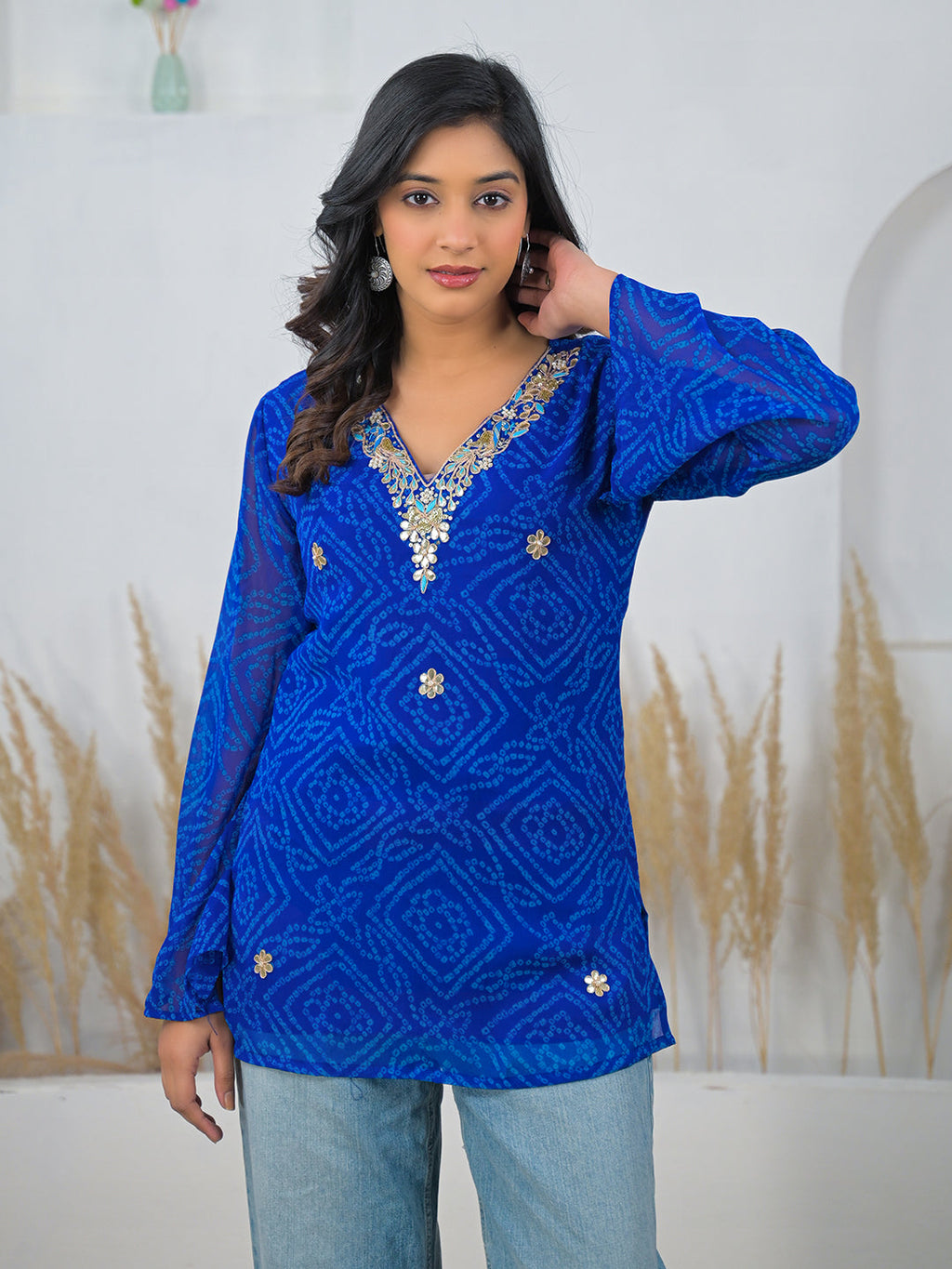 Noe Velarro Blue Bandhani Gotta Patti Work Geogratte V-Neck Top