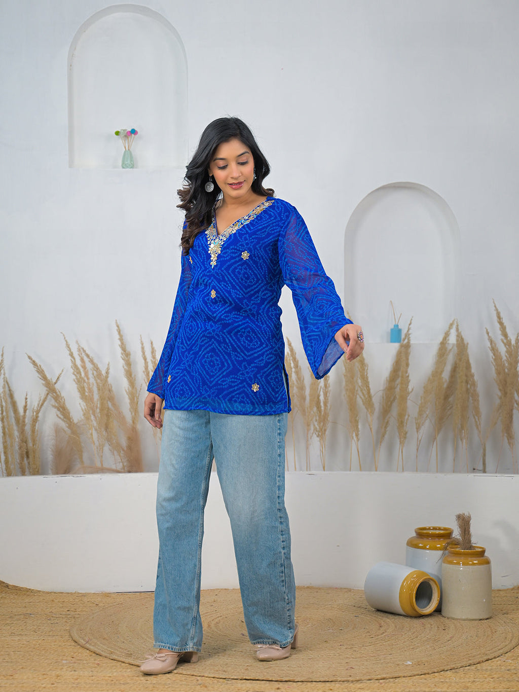 Noe Velarro Blue Bandhani Gotta Patti Work Geogratte V-Neck Top
