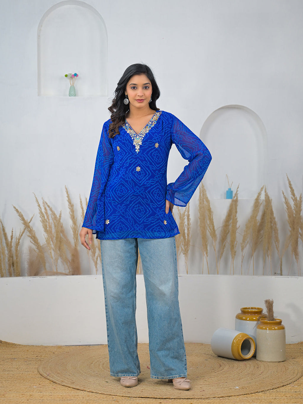 Noe Velarro Blue Bandhani Gotta Patti Work Geogratte V-Neck Top